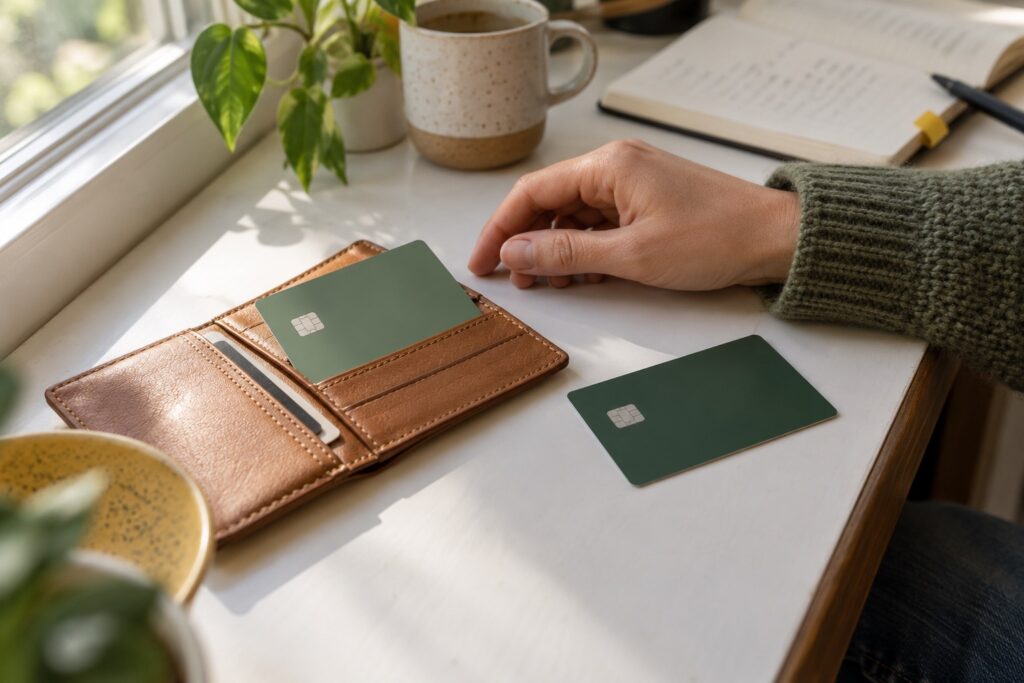 Two unbranded cards beside an open wallet and a notebook.