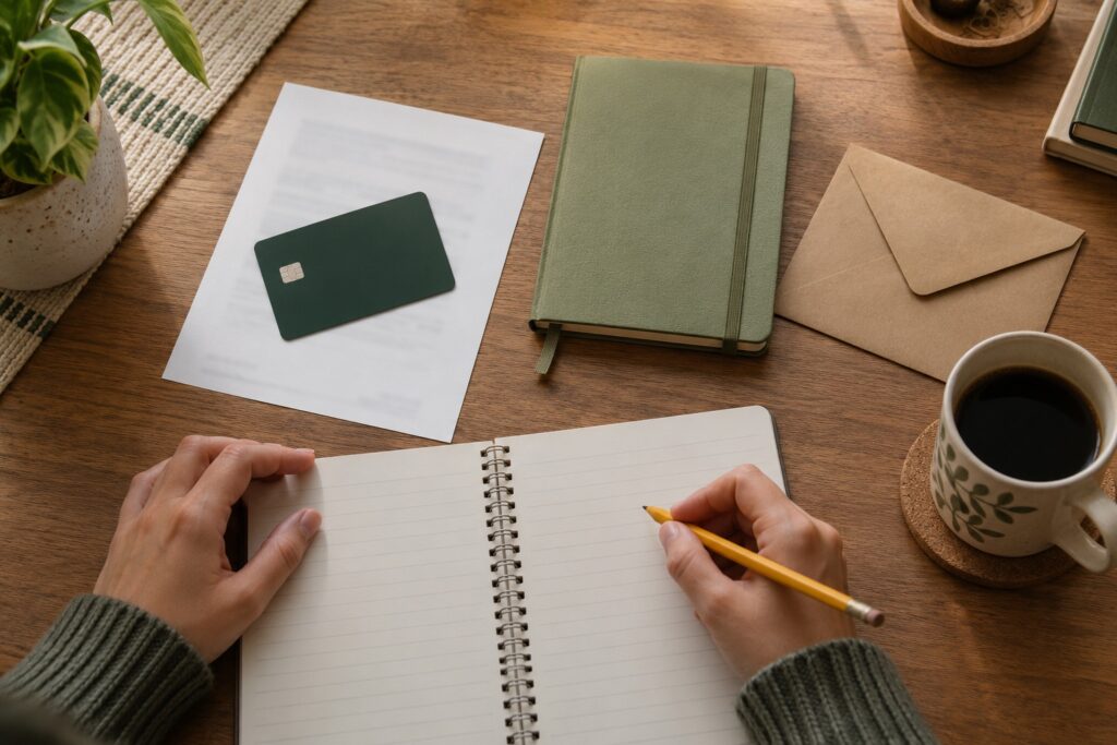 A card, savings notebook and envelope arranged for a comparison of product structures.