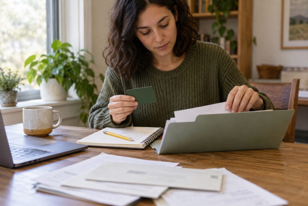 An adult organizing an intact card and account papers beside a checklist notebook.