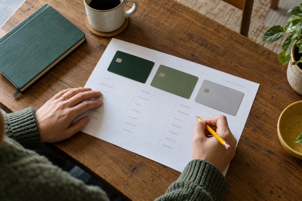 Three unbranded cards arranged above a comparison worksheet.