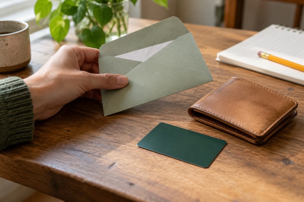 An opened envelope, an unbranded card and a wallet on a wooden desk.