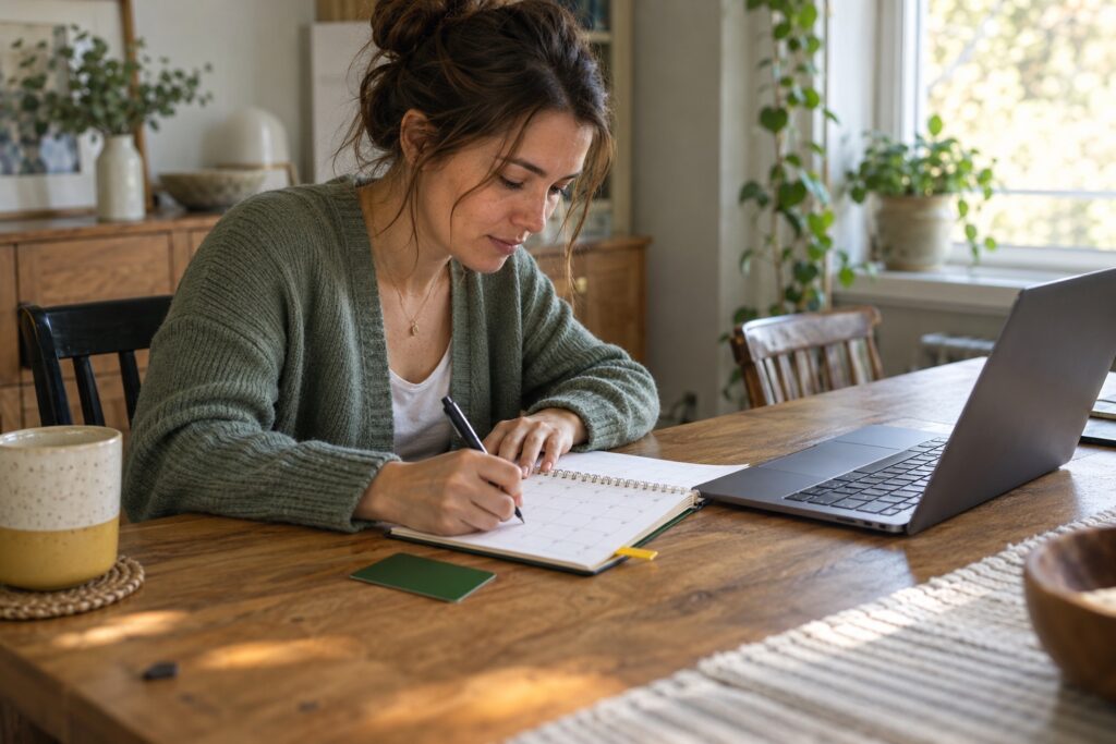 A woman reviewing a calendar and notebook as part of a monthly payment routine.