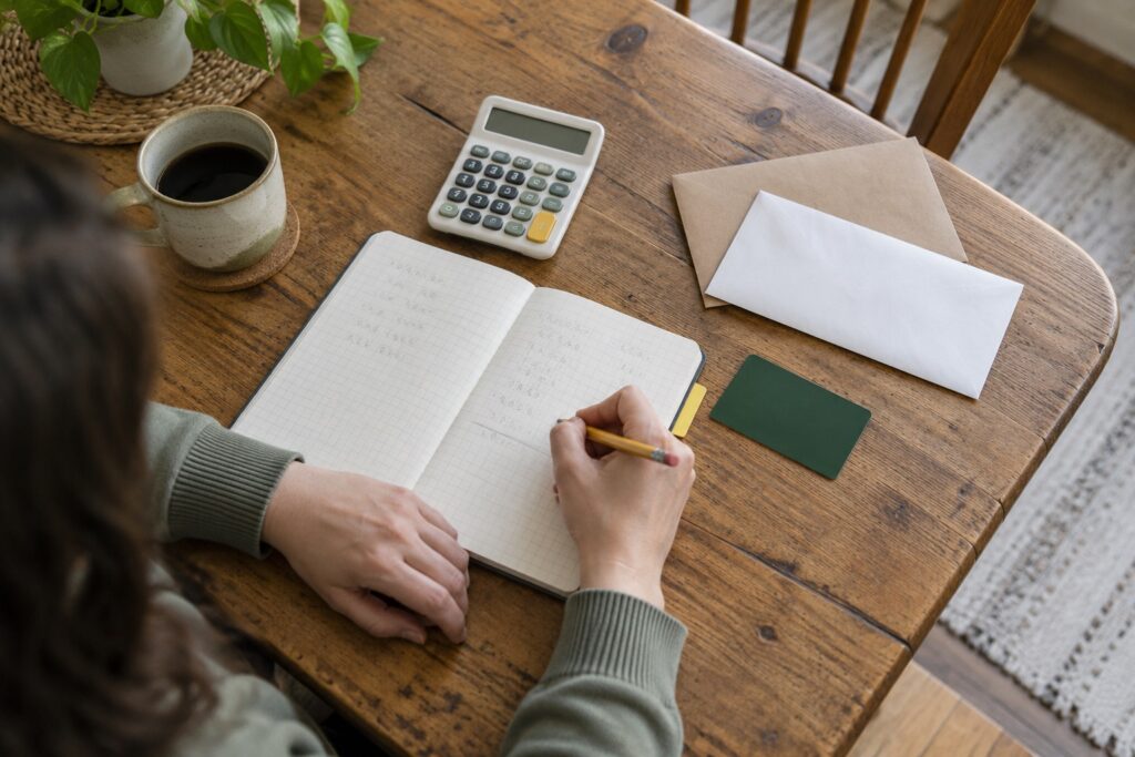 A notebook, calculator and plain envelopes arranged for a budget review.