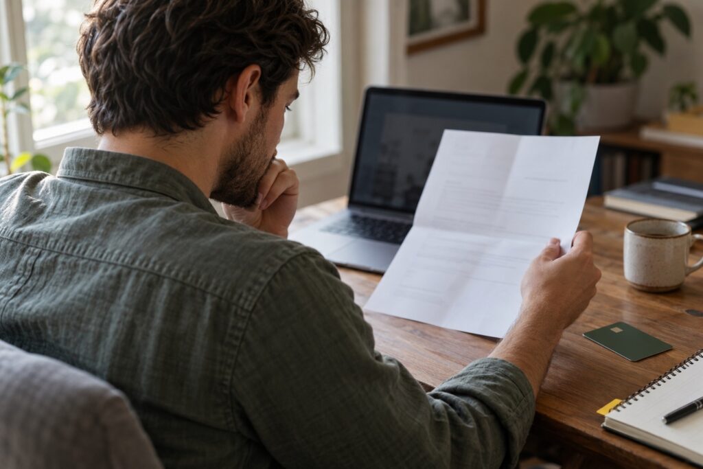 An adult reviewing a generic letter and making notes beside a laptop.