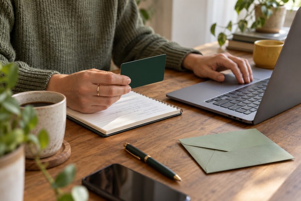 An adult holding an unbranded green card beside a notebook and envelope.