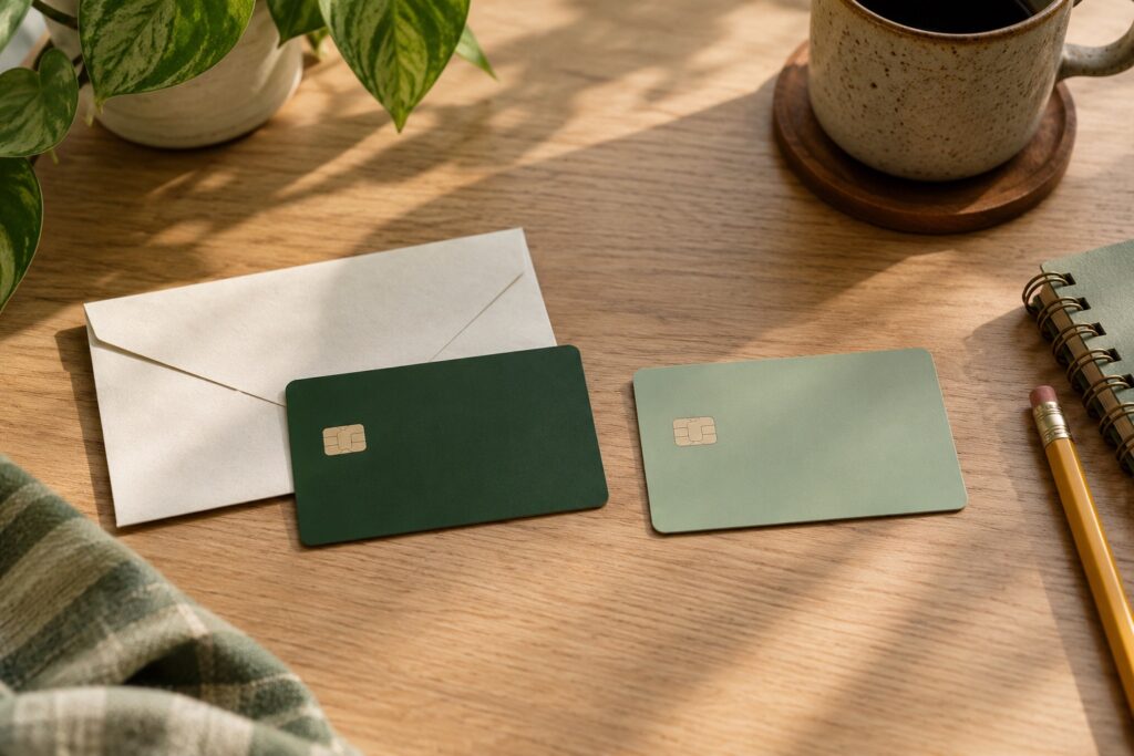 Two unbranded cards placed side by side, with an envelope beside one card.